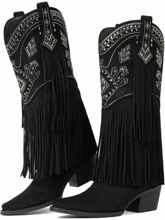 Shoes - Women's Black Cowgirl Knee High Fringe Boots Pointed Toe Chunky Block Heel